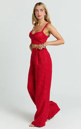 Sylvia Two Piece Set - Corset Top and High Waisted Wide Leg Pants Set in Red